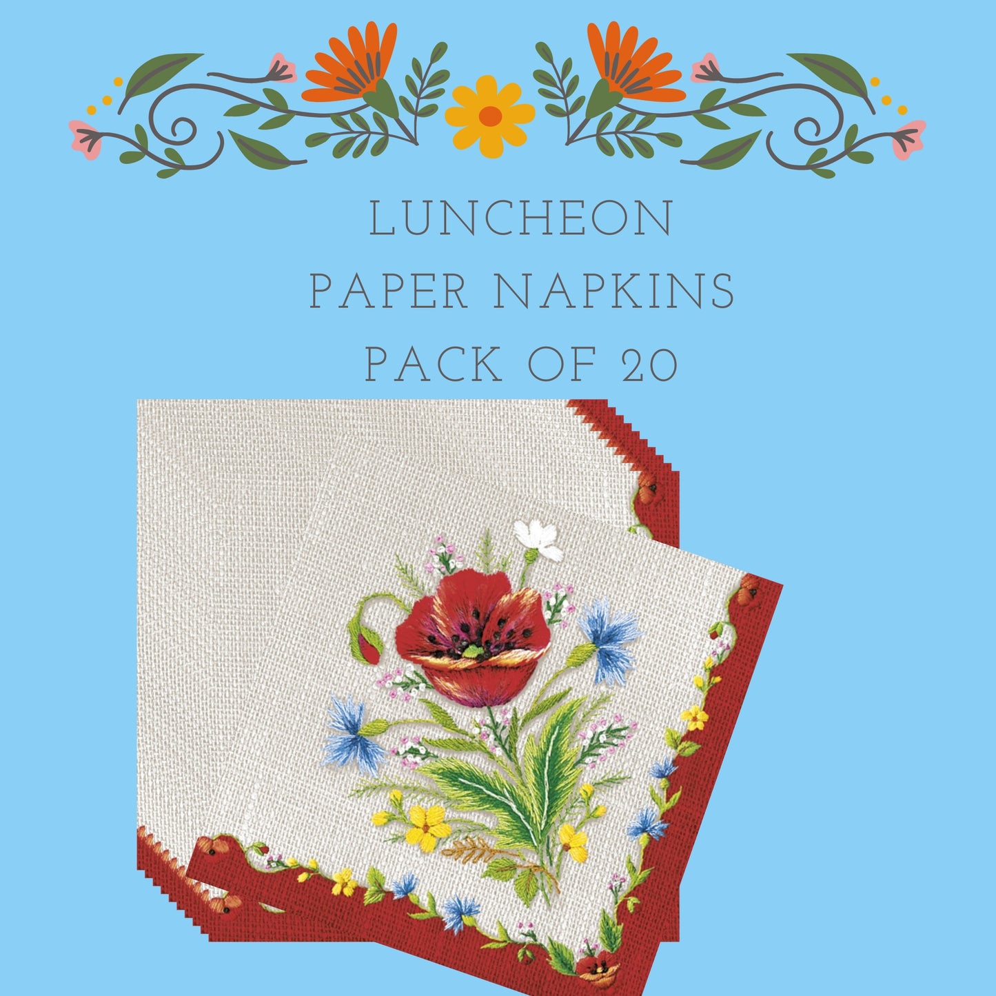 Folk Poppy Napkins Decorative Floral Paper Decoupage Napkin #4125