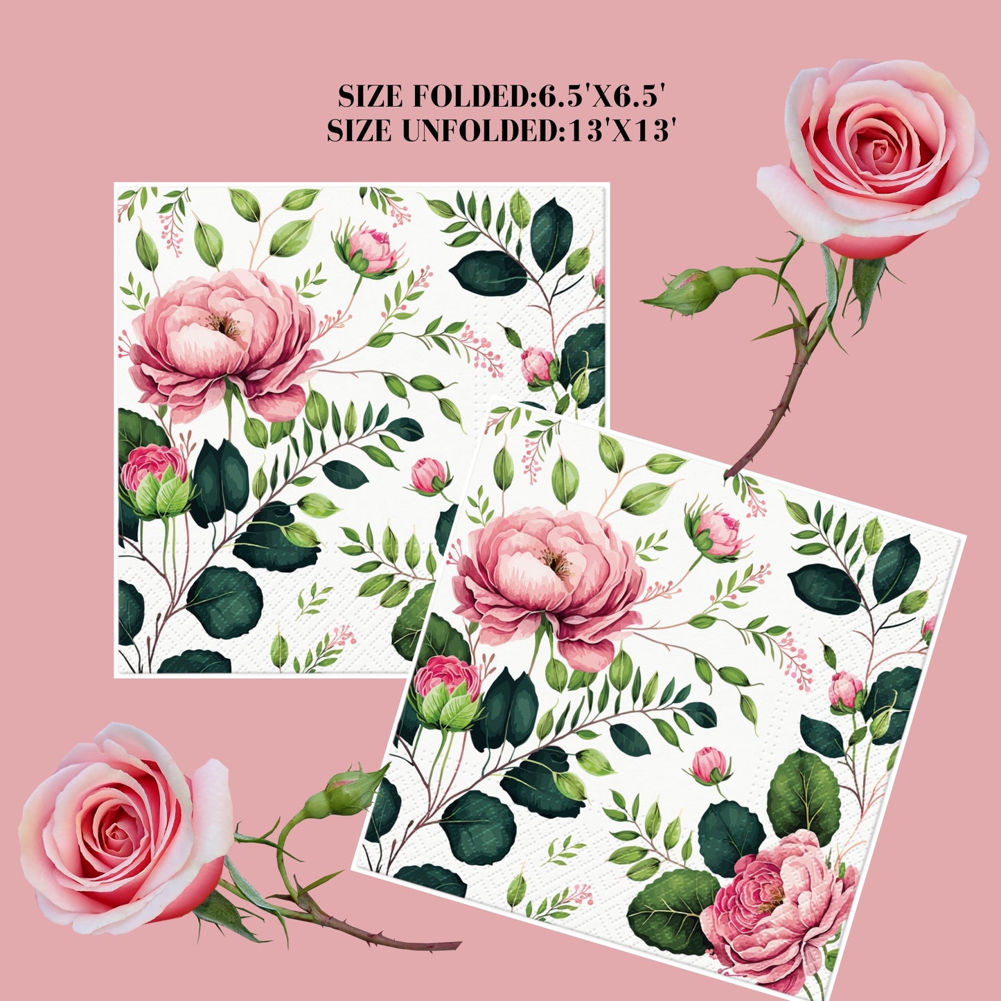 Flowers Napkins Decorative Pink Roses Paper Decoupage Napkin #5308